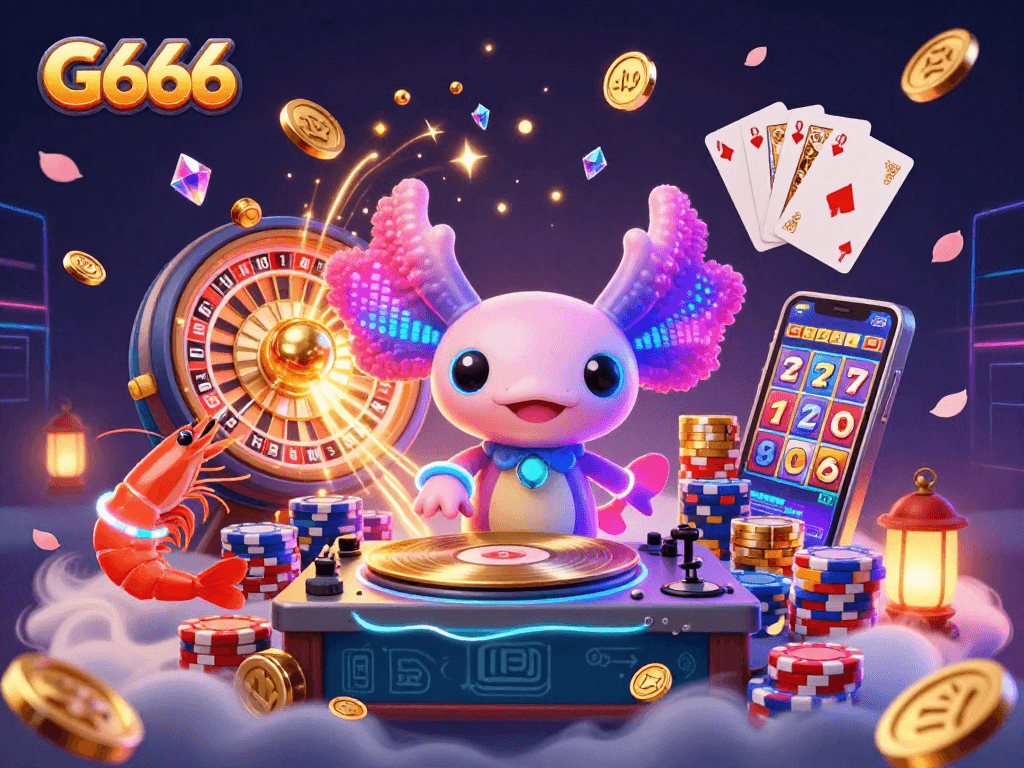 G666 casino brings excitement as the neon axolotl DJ spins while shrimp dance amidst sparkling gems.