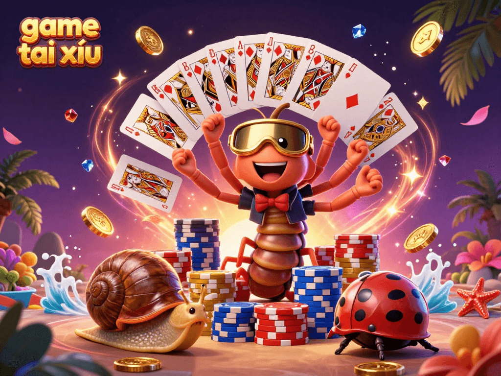 Bet on game tài xỉu as you see a millipede dealer and characters in a vibrant casino scene.