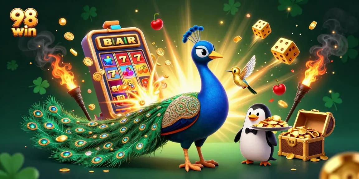 Win big with 98 win in this vibrant casino-themed illustration featuring lively characters and games.
