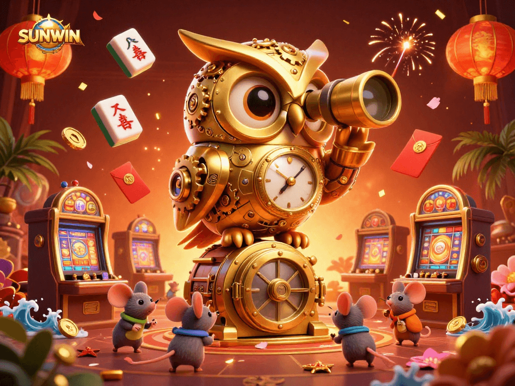 SUNWIN showcases a vibrant casino scene with a golden owl, cheerful mice patrons, and festive game elements.