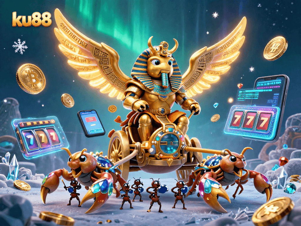 Bet on ku88 with a dynamic scene showcasing a golden scarab beetle in a crypto casino.