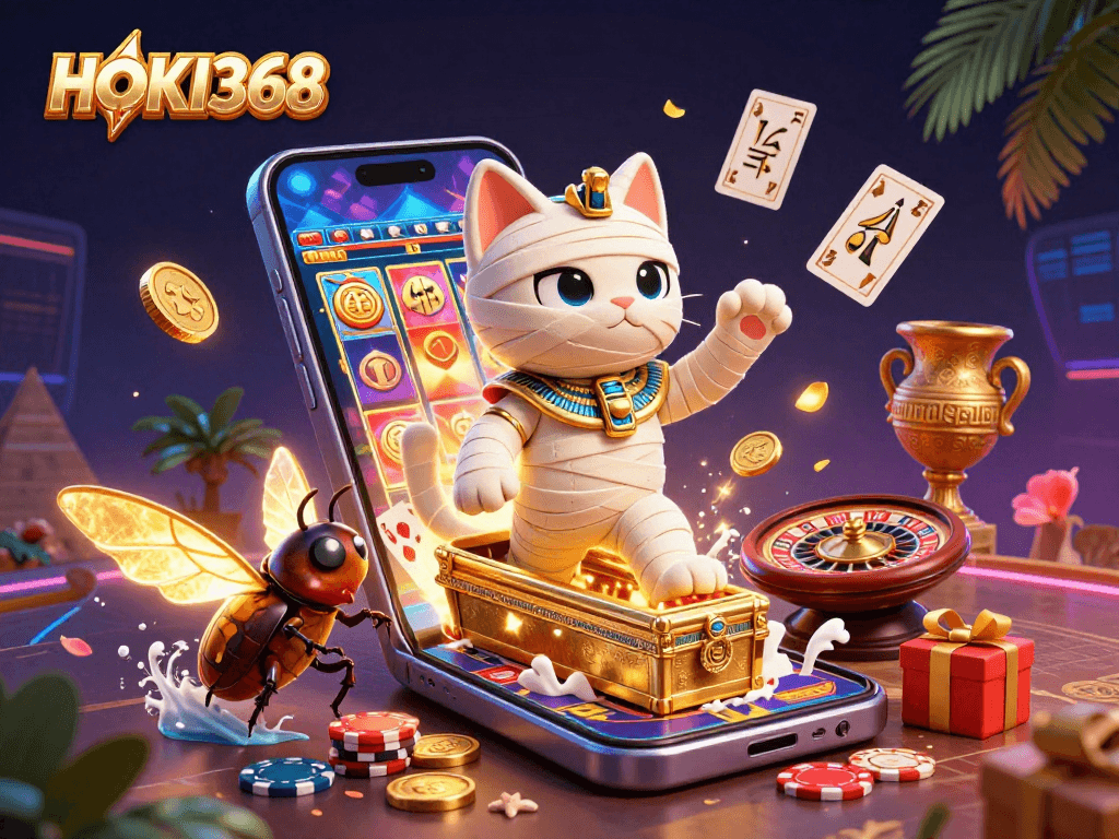 Experience HOKI368's vibrant gaming scene with a cartoon mummy cat and golden elements.