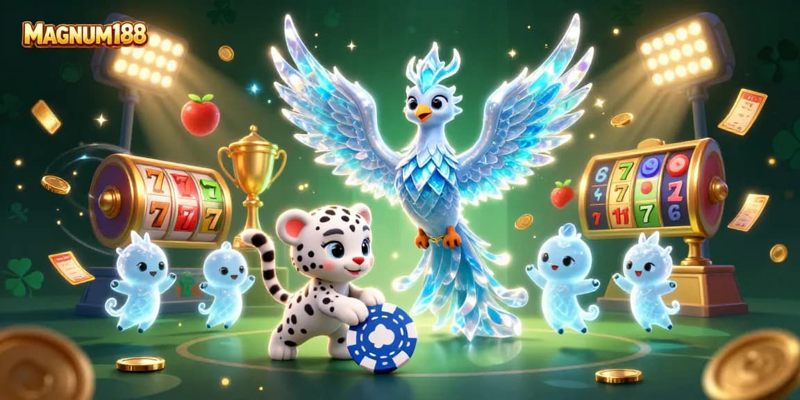 Spin the reels of MAGNUM188's vibrant slots, featuring a magical ice phoenix and engaging casino elements.
