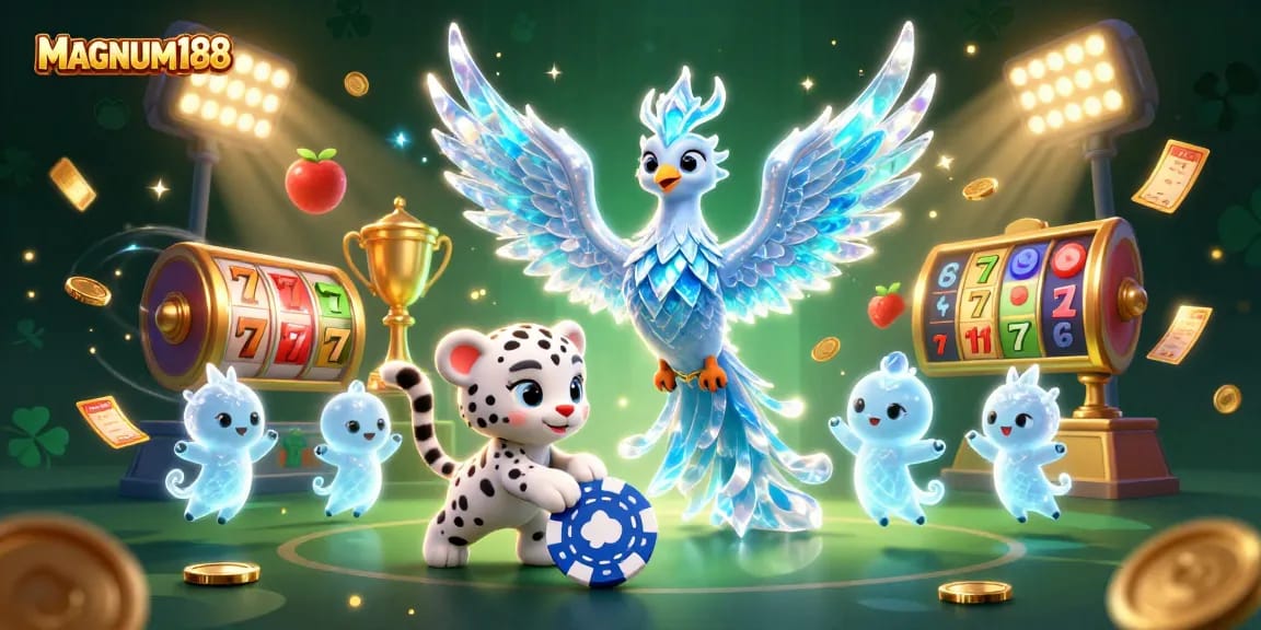 Spin the reels of MAGNUM188's vibrant slots, featuring a magical ice phoenix and engaging casino elements.