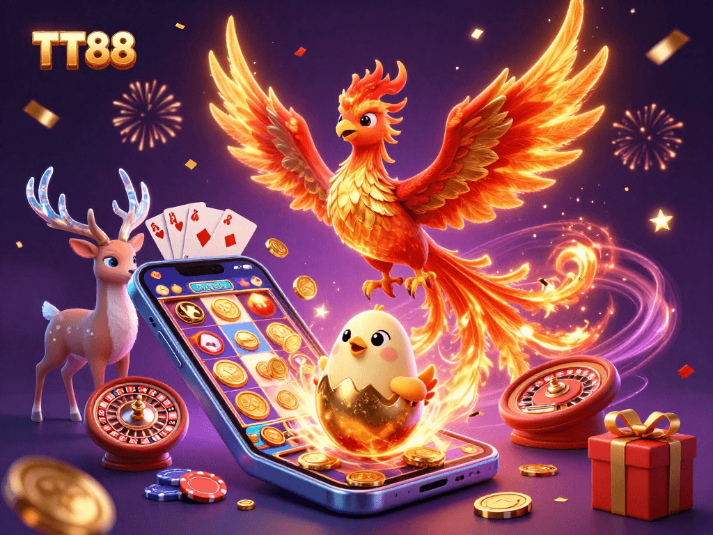 Experience the immersive entertainment of TT88 with a vibrant, dynamic 3D casino scene.