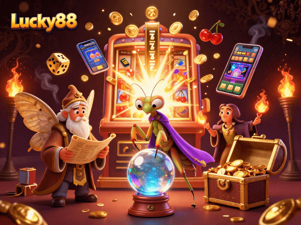 Engage with Lucky88's dynamic atmosphere by exploring a lively 3D casino scene featuring mystical characters and thrilling symbols.