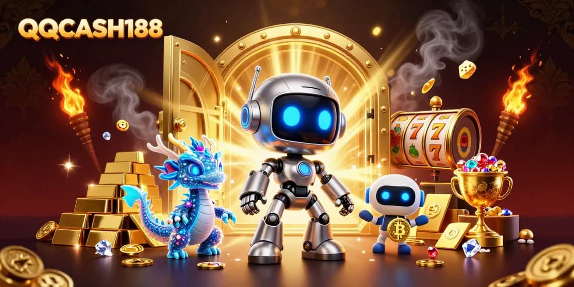 Experience the thrill of QQCASH188 with vibrant casino elements and a cyberpunk theme.