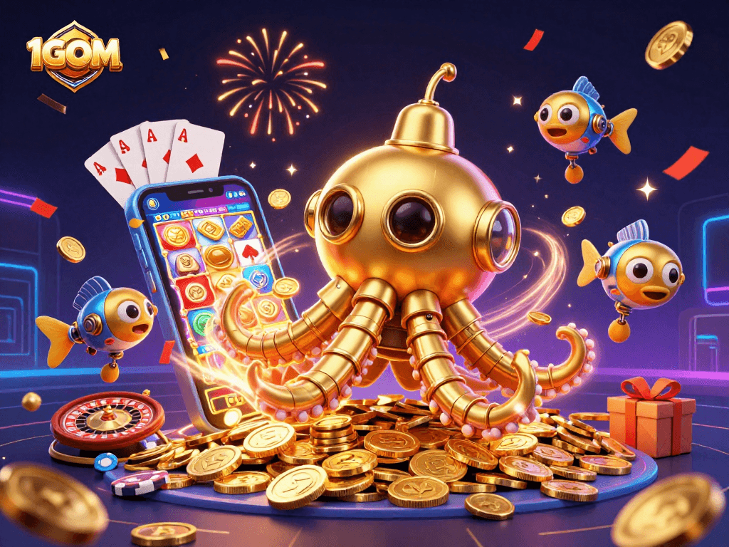 Experience thrilling game dynamics with 1GOM's immersive golden kraken scene, bursting with winnings and excitement.