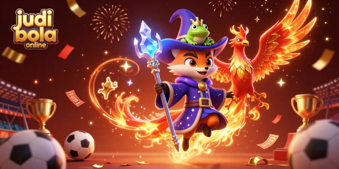 Engage in judi bola online through a dynamic scene featuring a wizard fox, phoenix, and betting elements.