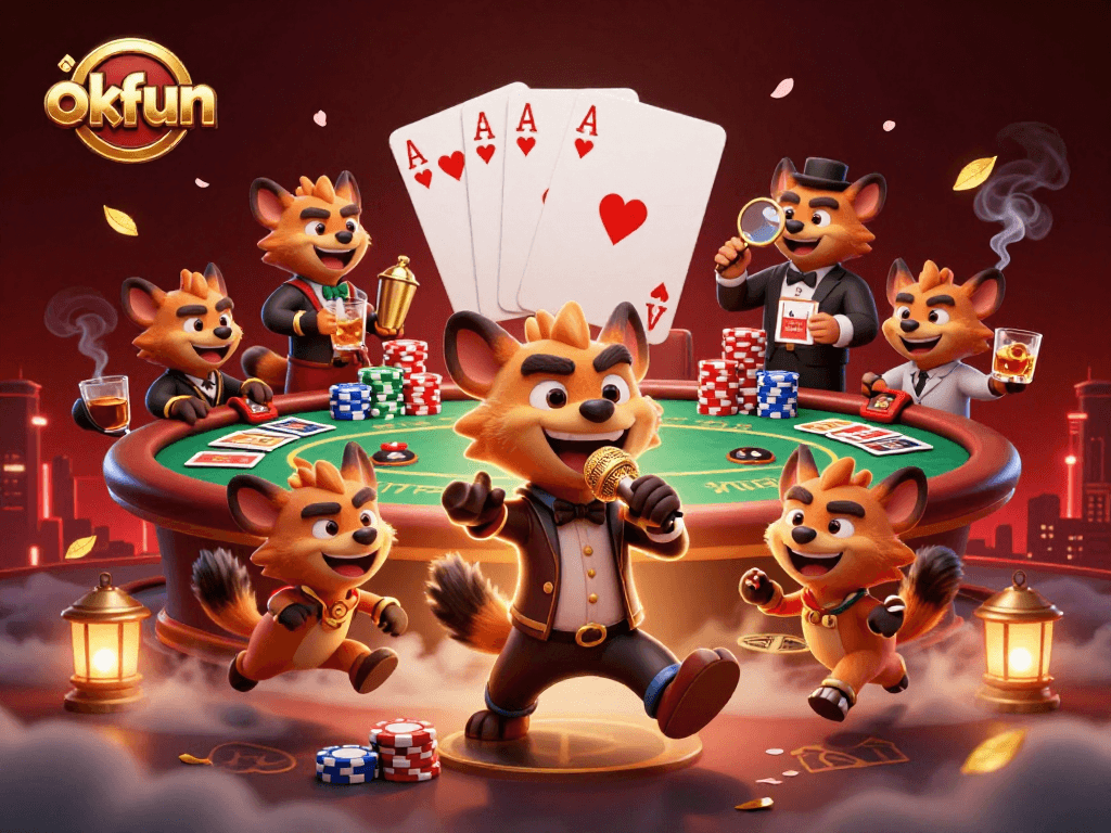 Spin the reels at okfun, featuring vibrant hyenas in a vibrant casino scene with drinks and poker chips.