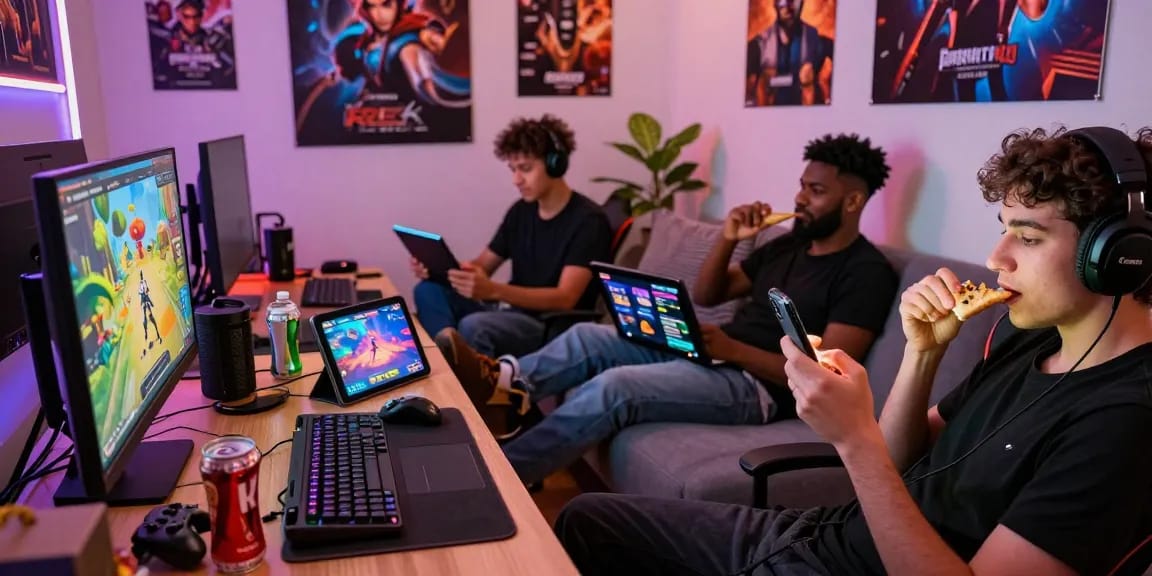 Engaged players enjoying free sex games on multiple devices in a vibrant gaming room.