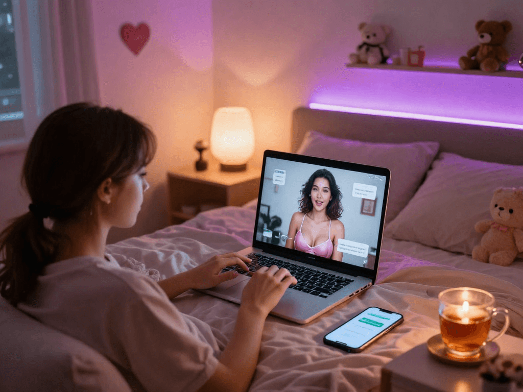 Engaging in ai chat porn in a cozy modern bedroom with ambient lighting and a laptop.