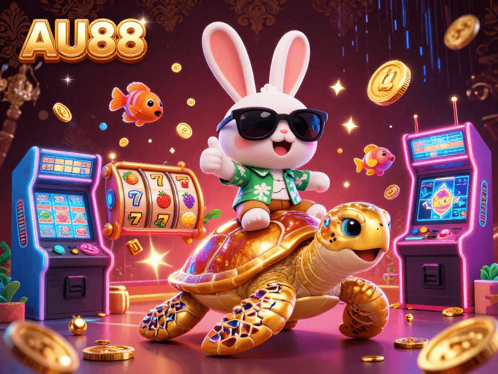 Join the excitement of AU88 with a lucky rabbit and golden turtle in vibrant gaming action!