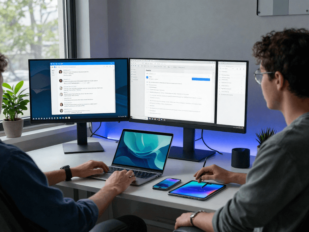 展示使用Telegram 中文版的现代办公室环境,体现高效沟通与隐私管理。