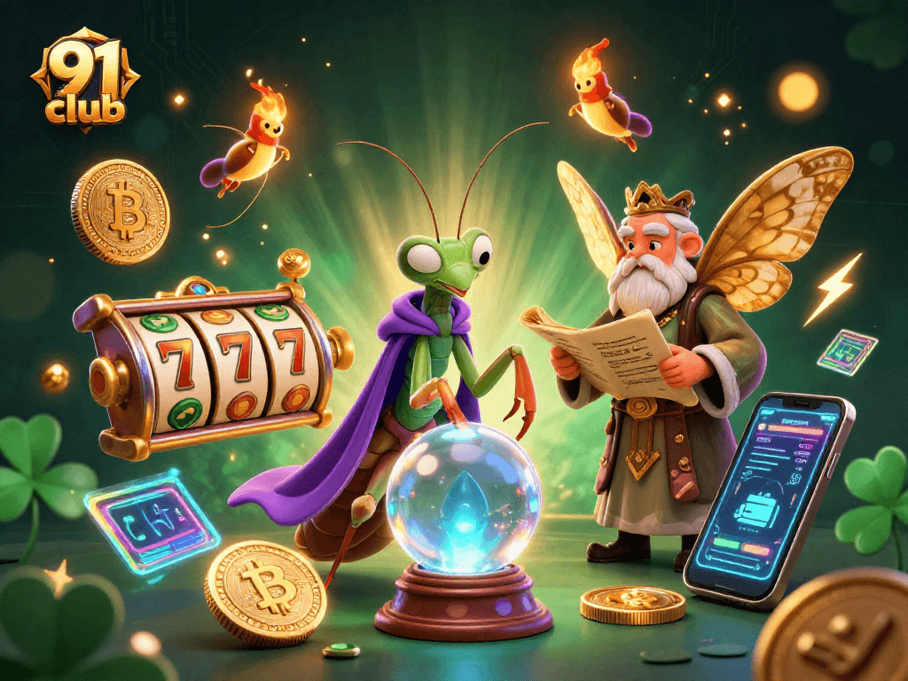 Play thrilling games at 91 club with exciting slot reels and vibrant characters in a colorful casino scene