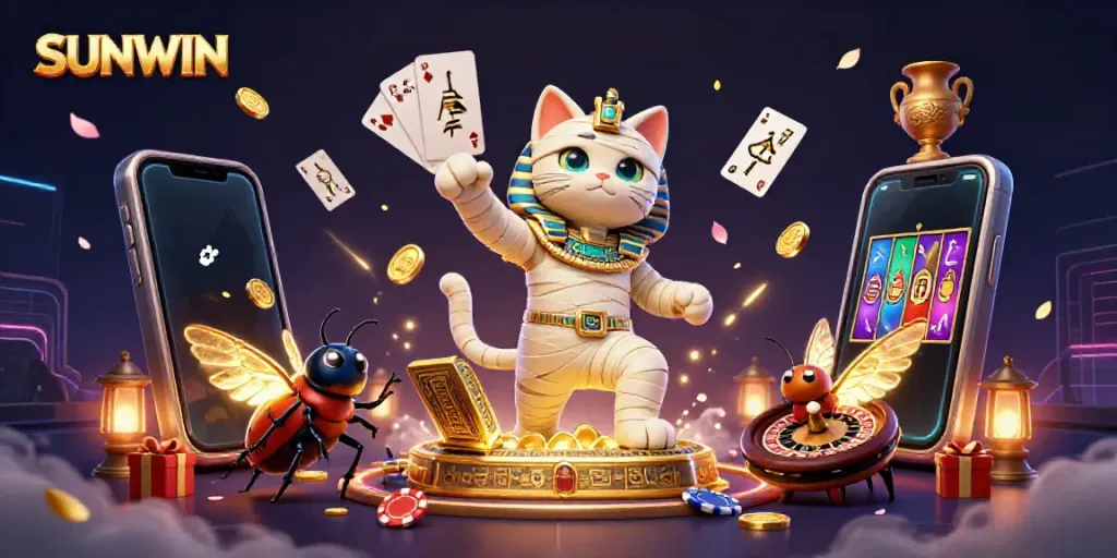 SUNWIN brings luck as an Egyptian mummy cat bursts from a sarcophagus, surrounded by casino games.