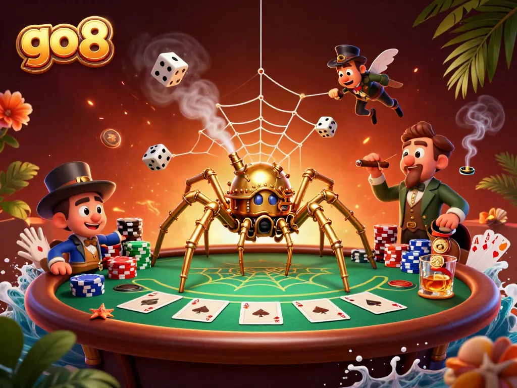 Engage with go 8 at this vibrant casino illustration featuring a steampunk spider and poker excitement.