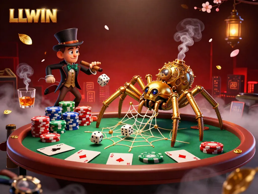 Engage with LLWIN as a Victorian fly gentleman witnesses a whimsical scene of a golden spider trapping dice in a steampunk casino.