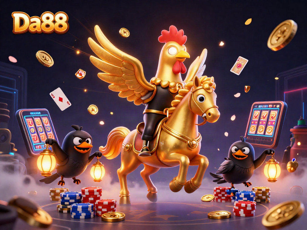 Engage with Da88's colorful casino atmosphere featuring a golden rooster and vibrant casino elements.