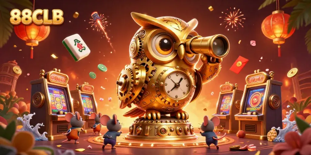 Experience vibrant gameplay at 88CLB with our exciting casino floor highlighted by a golden owl and whimsical mice.