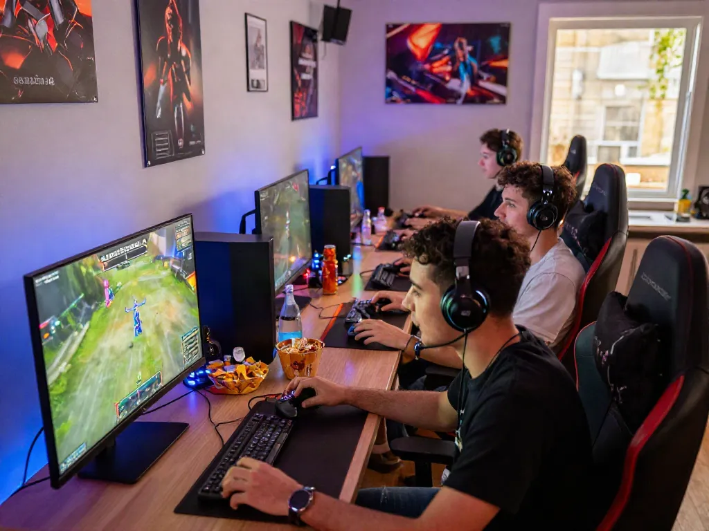 Friends enjoying multiplayer gaming on GARUDA404 platform in a vibrant setup.