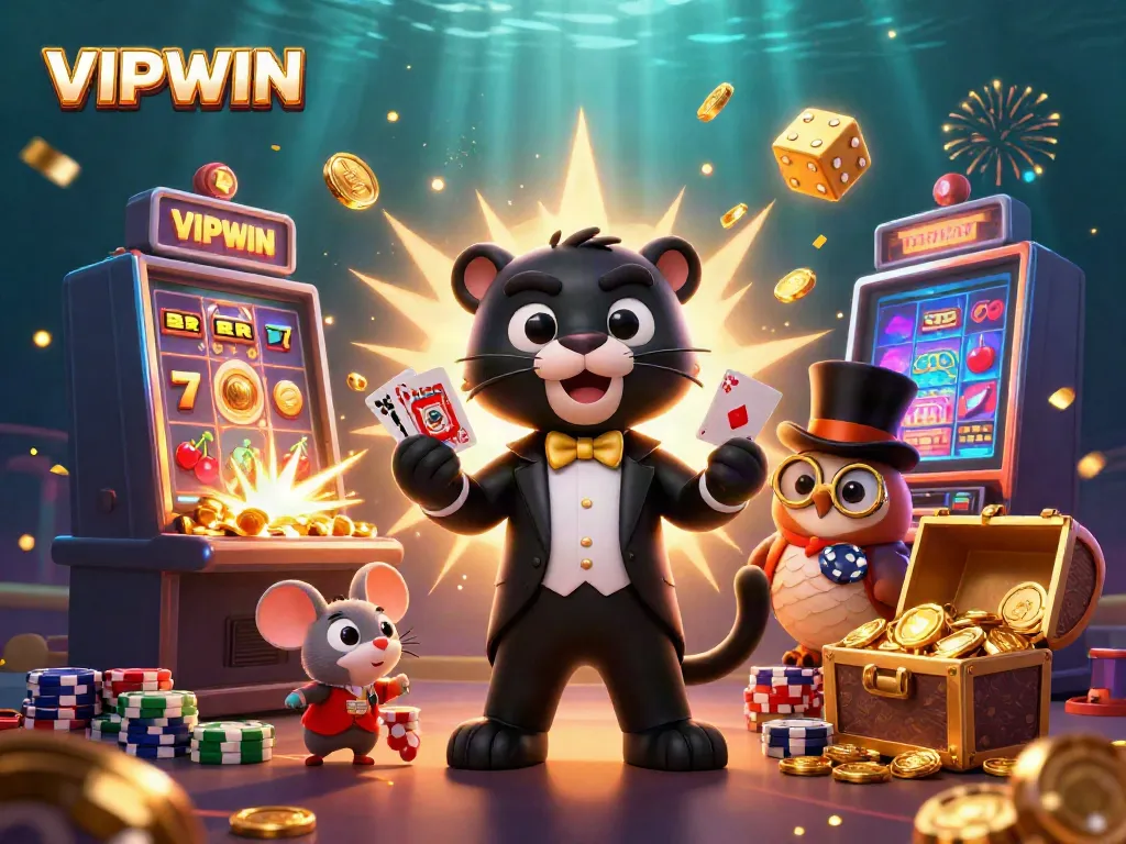 VIPWIN features a stylish panther dealing cards with an owl and a lucky mouse amid slot machine wins.