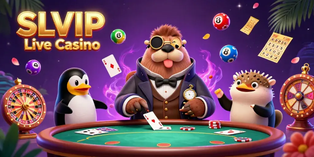 Experience thrilling gameplay at SLVIP Live Casino with a vibrant underwater poker scene featuring playful characters.