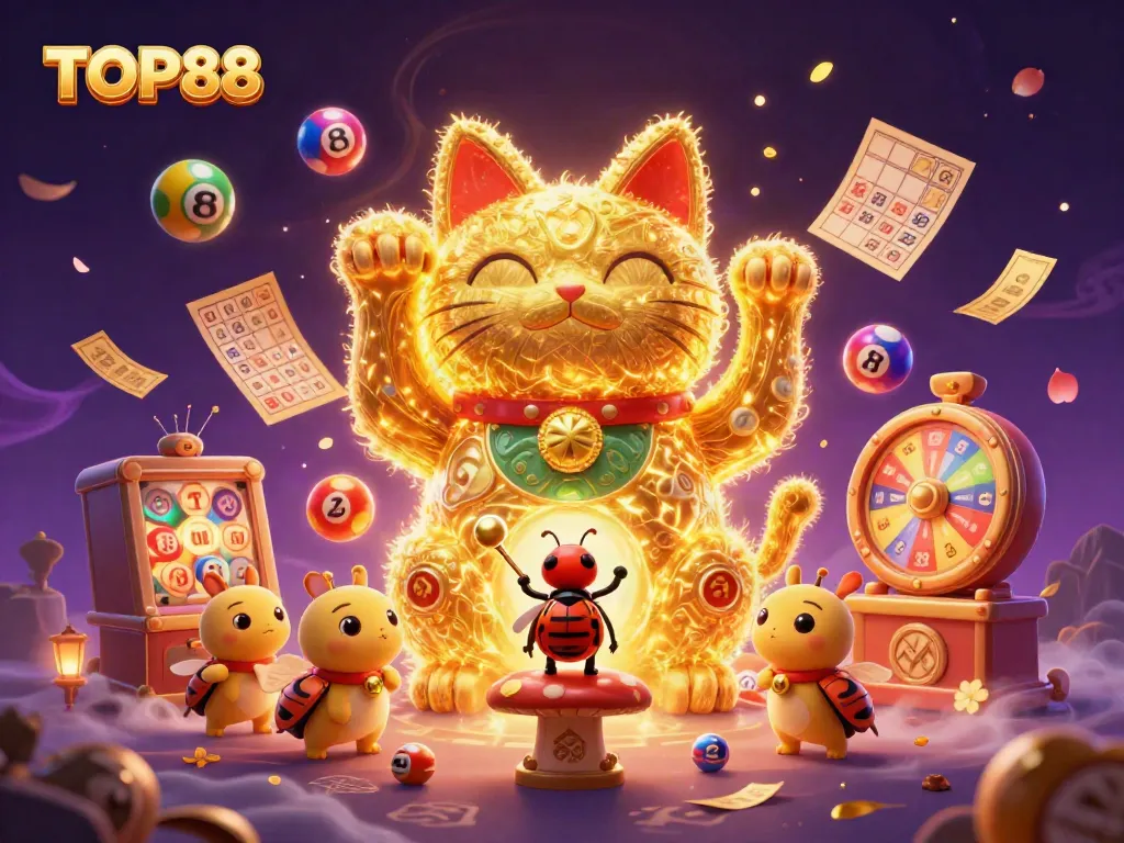 Engage in thrilling gameplay with TOP88 showcased through a dynamic, colorful casino scene.