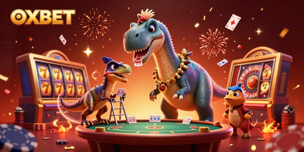 Play with OXBET in a vibrant casino scene filled with lucky slot reels and dynamic elements.