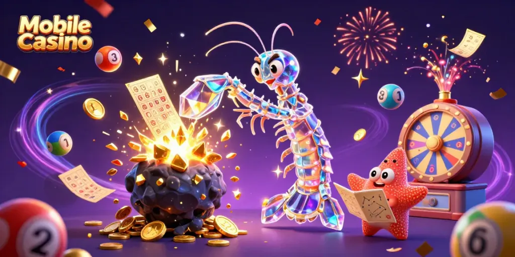Experience the excitement of mobile casino games with vibrant scenes of 3D characters and gaming elements.