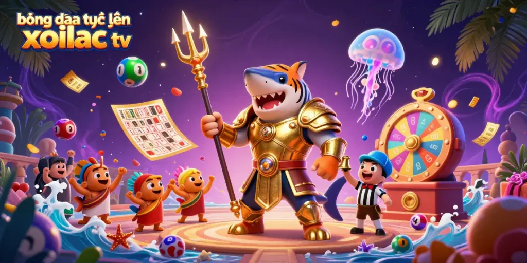 Experience the excitement of bóng đá trực tuyến xoilac tv with a dynamic underwater gambling scene featuring a tiger shark and colorful elements.