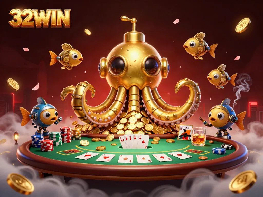 Experience winning moments with 32WIN in this vibrant casino scene featuring golden kraken and poker elements.