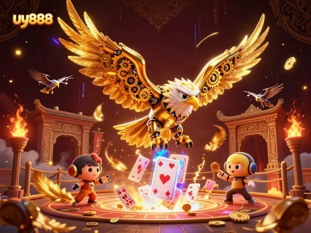 Experience the excitement of uy888 as a cybernetic golden eagle dives through holographic playing cards amidst a rich 3D casino scene.