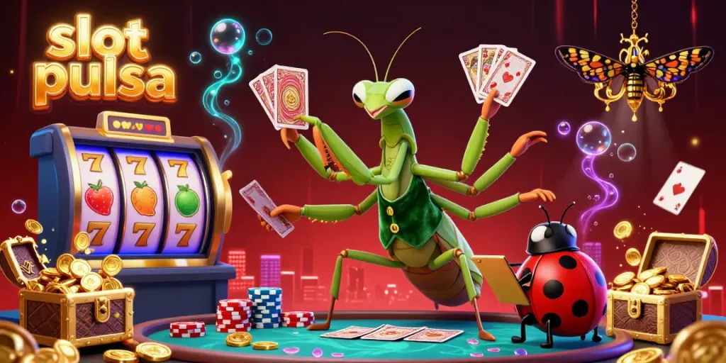 Experience thrilling slot pulsa action with a vibrant casino scene featuring a giant mantis card sharp and ladybug pit boss.