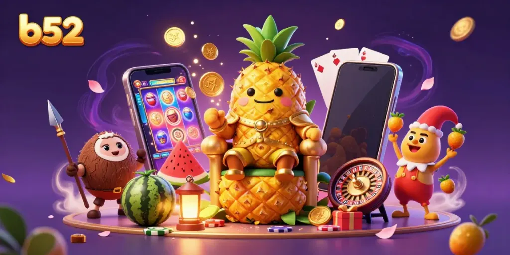 Engage with b52's vibrant online gaming scene featuring a pineapple king and tropical elements.