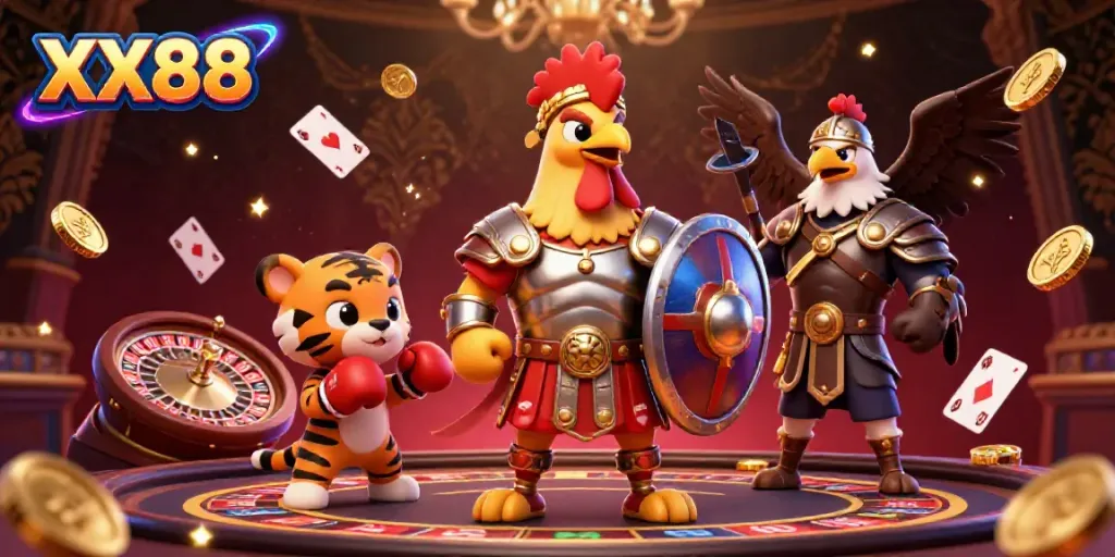 Engage in exhilarating gaming at XX88 with a cartoon gladiator rooster, embodying an online casino atmosphere.