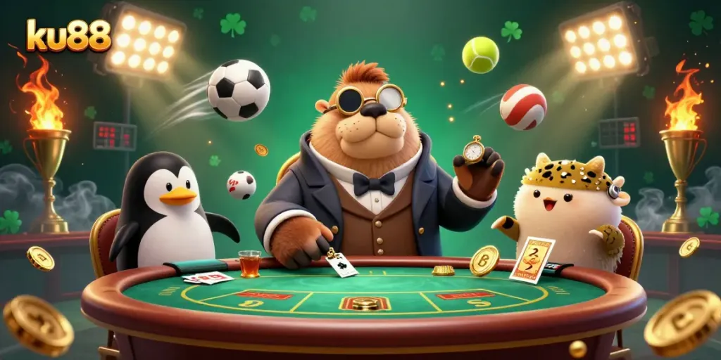 Experience thrilling gameplay at ku88, featuring a lively poker scene with eye-catching casino elements.