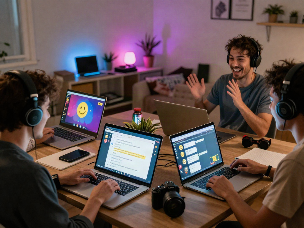 Vibrant nsfw chat room scene with diverse users engaging and enjoying their conversations online.