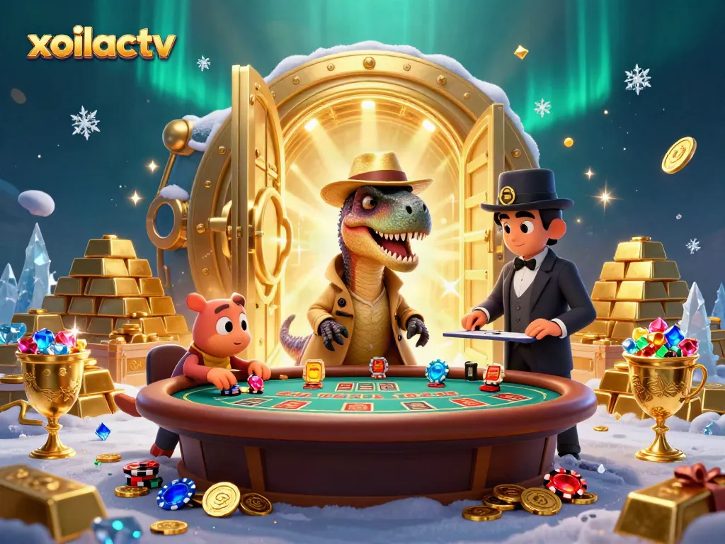 Experience the thrill of xoilactv with a velociraptor card counter and a stegosaurus pit boss amidst a treasure-filled casino.