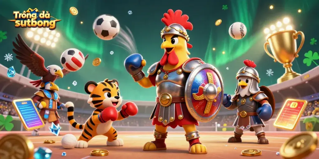 Engage in Trực tiếp bóng đá sutbong with vibrant sports-themed illustration showcasing a dynamic gladiator rooster.