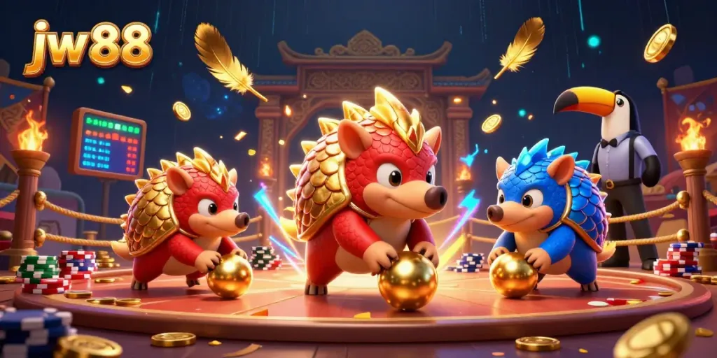 Engage in thrilling gameplay with jw 88 as rival pangolins roll golden balls through poker chips.