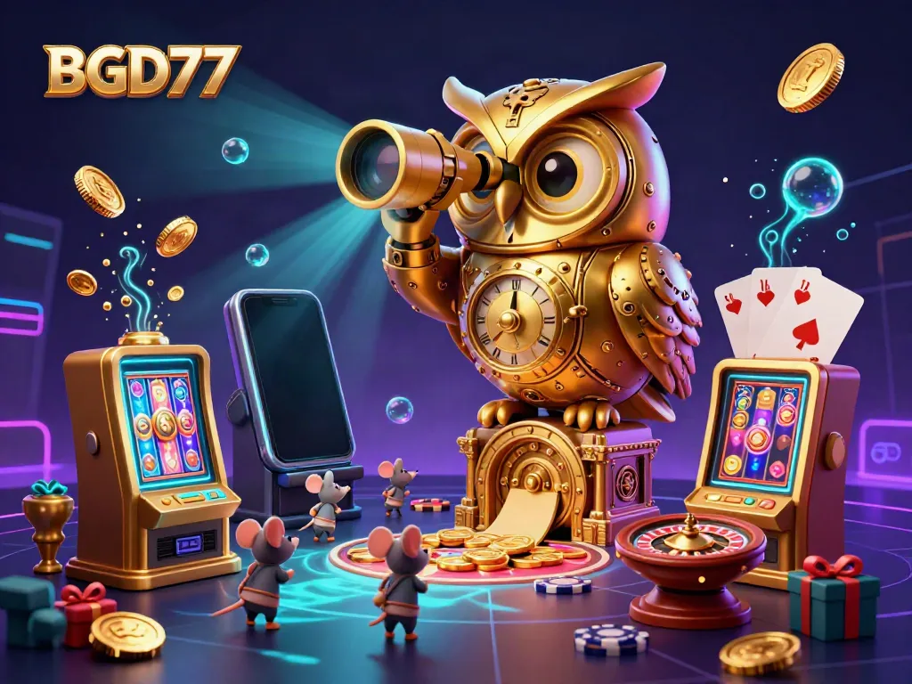 Spin the reels at BGD77 with immersive casino atmosphere featuring a golden owl and vibrant gameplay elements.