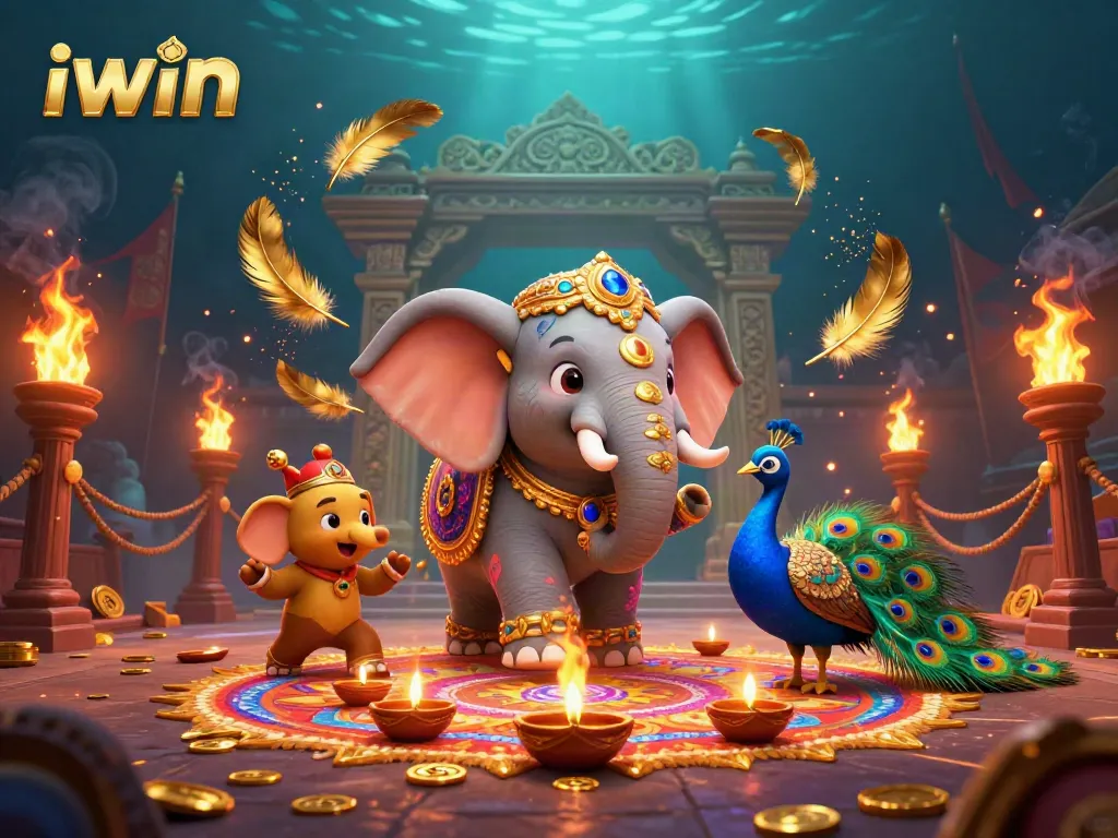 Experience thrilling iwin action with a vibrant 3D scene of a Diwali-themed elephant and peacock in a casino setting.