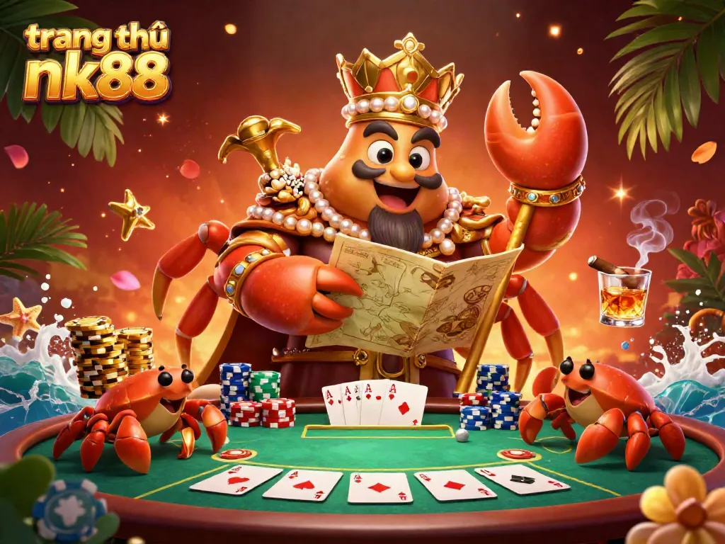 Experience high-stakes excitement at trang chủ nk88 with a golden crab emperor amidst vibrant poker elements.