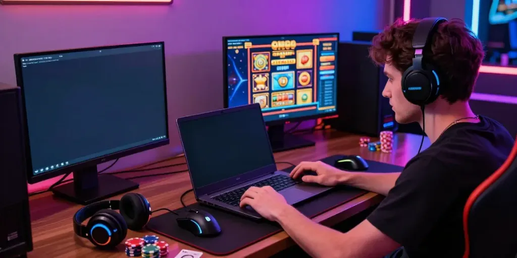 Player immersed in situs slot gacor gaming at a stylish desk with vibrant visuals.