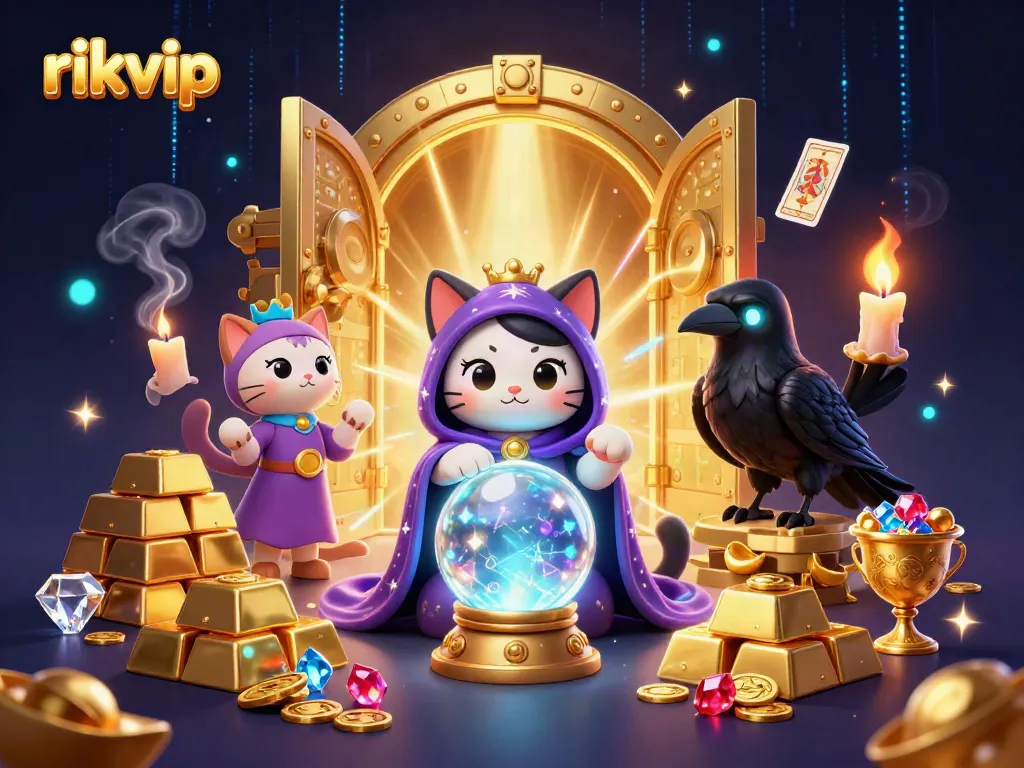 Engage in exciting gameplay with rikvip's mystical casino scene featuring a fortune teller cat and a raven.