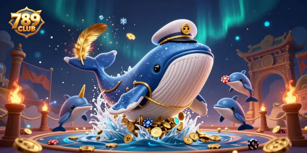 Engage in thrilling gameplay at 789CLUB, where a cartoon whale breaches through gold coins and poker chips illustrate the excitement.