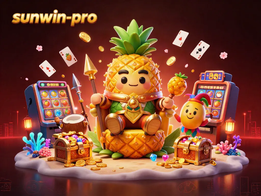 Experience the excitement of sunwin-pro with the golden pineapple king ruling a vibrant casino.