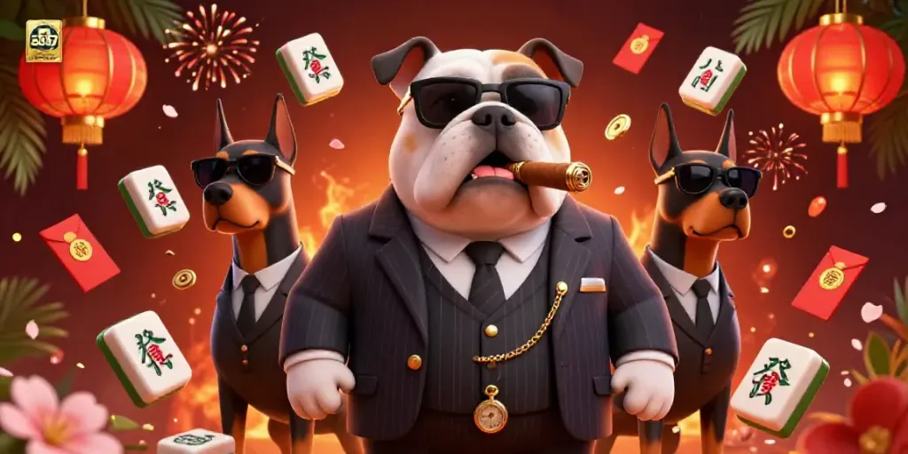 Engaging illustration showcasing ace67 casino scene with bulldog mafia boss and Doberman bodyguards amidst colorful gaming elements.