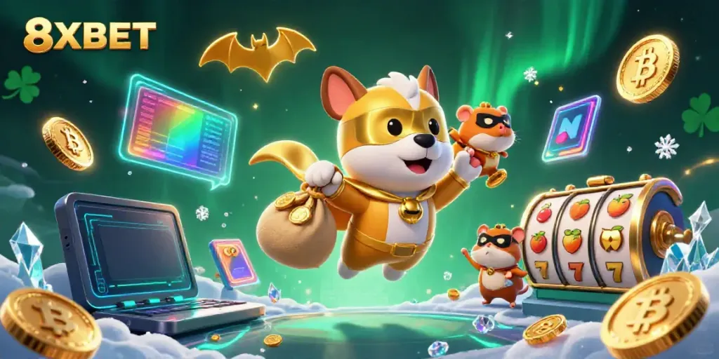 Experience the thrill of 8XBET with a superhero dog and coins in a dynamic casino scene.